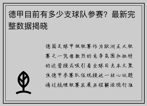 德甲目前有多少支球队参赛？最新完整数据揭晓